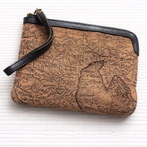 Patricia Nash Cassini Wristlet Map Print Leather Trim Clutch Brown